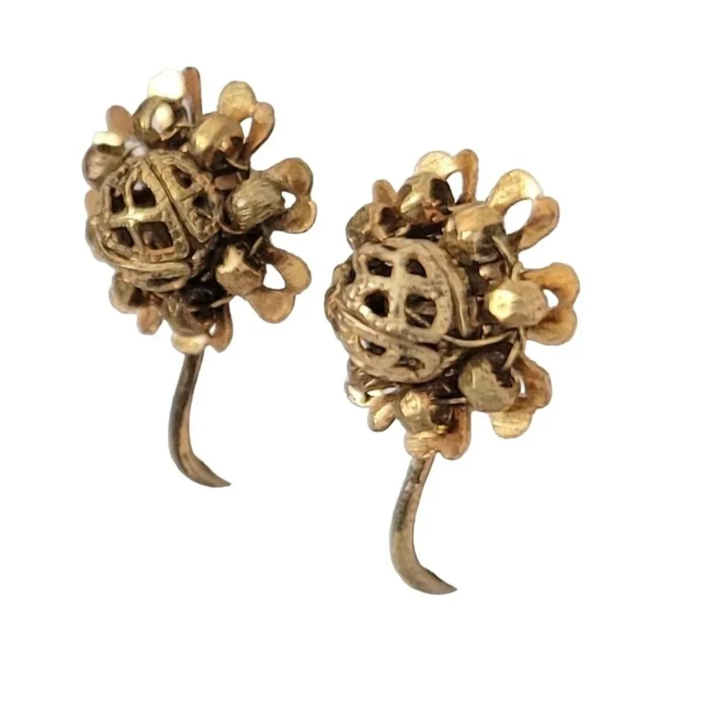 Miriam Haskell Rose Gold Tone Screw Back Hinge Clip-On Earrings, Signed M108 - Picture 2 of 8